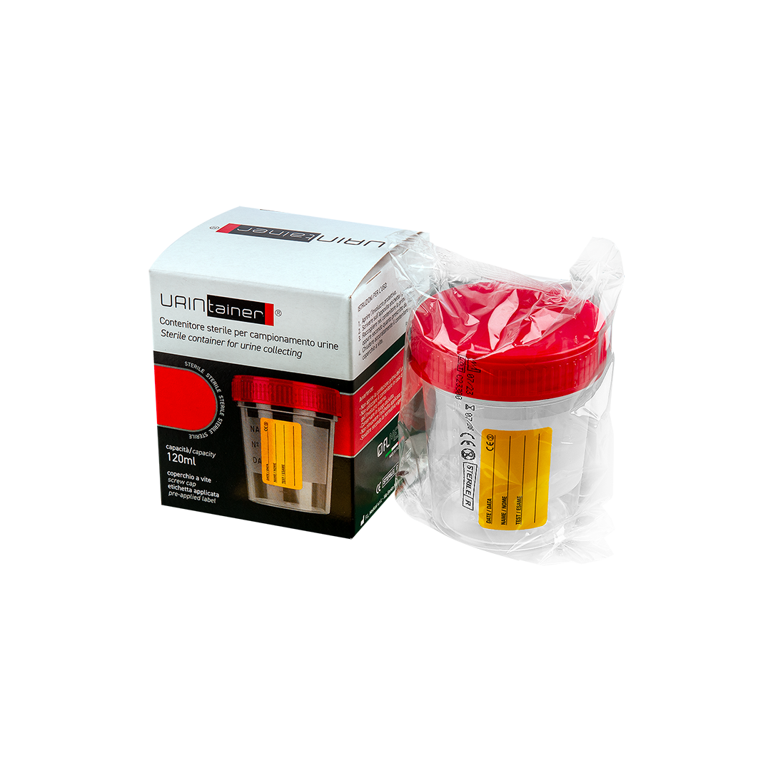 Pots à urine stérile 120 ml en PP avec couvercle à vis rouge, emballé individuellement en boîte unitaire – Carton de 100 pièces
