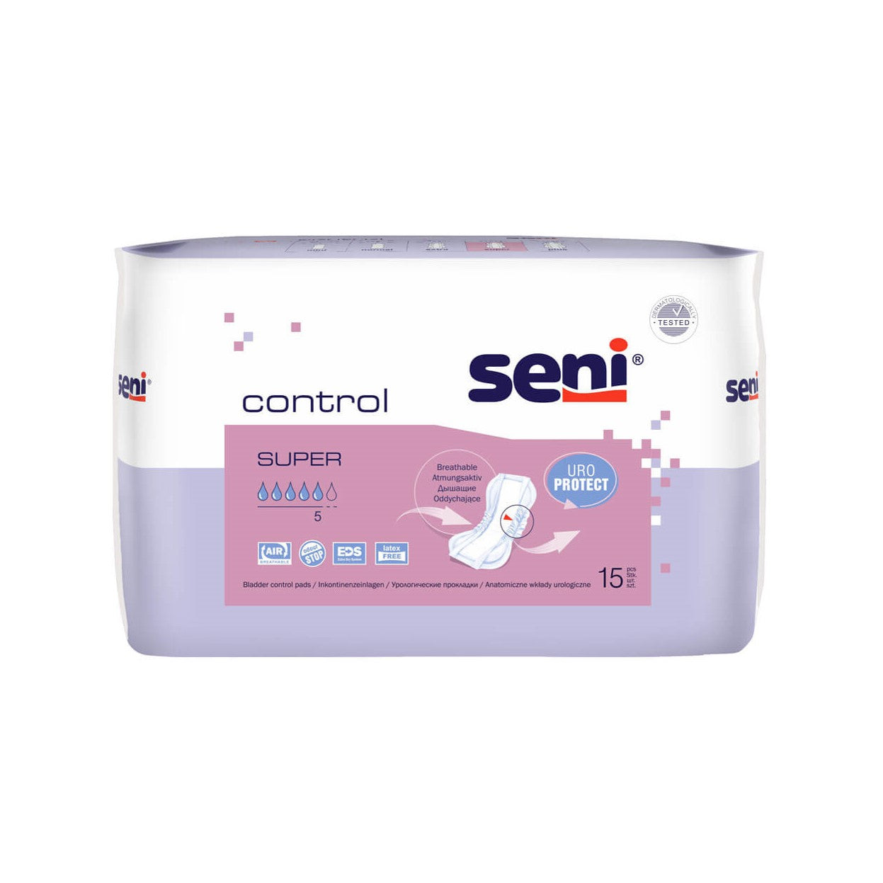 Seni – CONTROL SUPER protections fuites urinaires légères – 5 gouttes – Sachet de 15 pièces